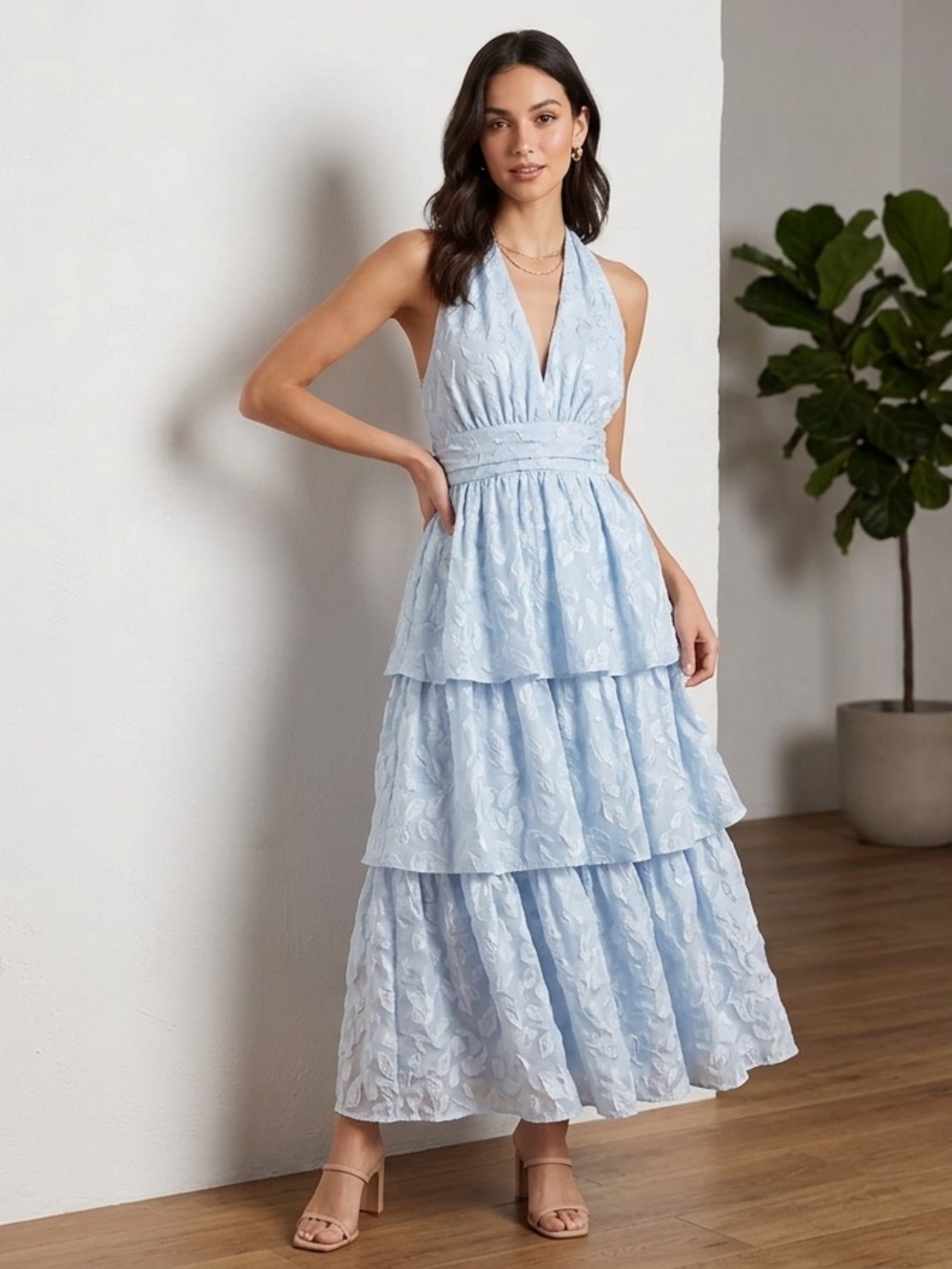 Lulu's Light Blue Tiered Lace V-Neck High-Low Dress
